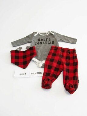Happy Canadian Baby Unisex outfit top, pant, bib size 3 months